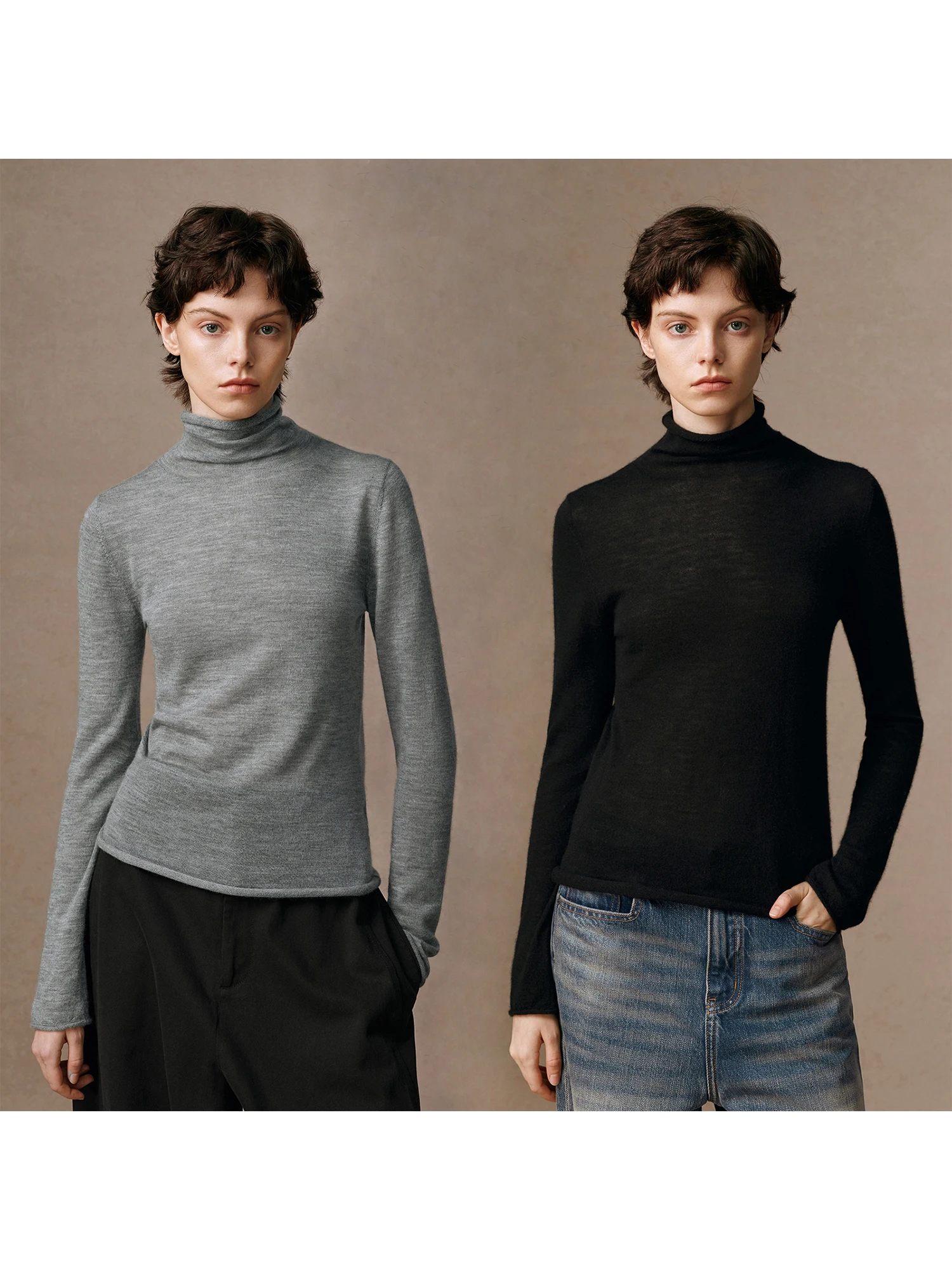 

Huajiyan Miao Miao 00% Camere High Collar Long Sve Women's Knitted Top Precision Simulation Cuffed Base Layer irt