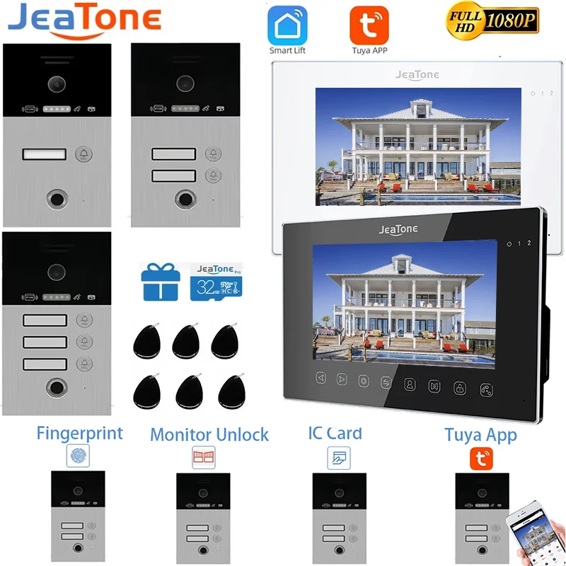 Jeatone-sistema de intercomunicación 4 en 1 para el hogar, Kit de Monitor con huella dactilar, Wifi, timbre, vídeo, 7 pulgadas, 1080P, cámara inteligente 1F/2F/3F/4F