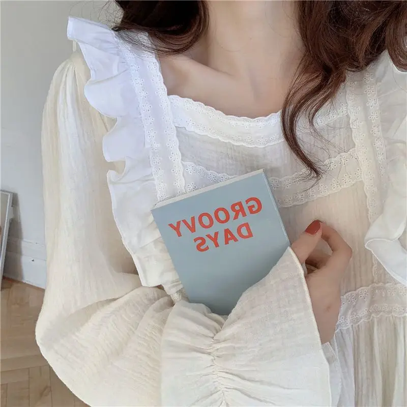 Lace Women Nightgown Korean Style Sleepwear Long Sleeve Night Dress Autumn Solid One Piece Pajamas Home Sleeping Wears New In