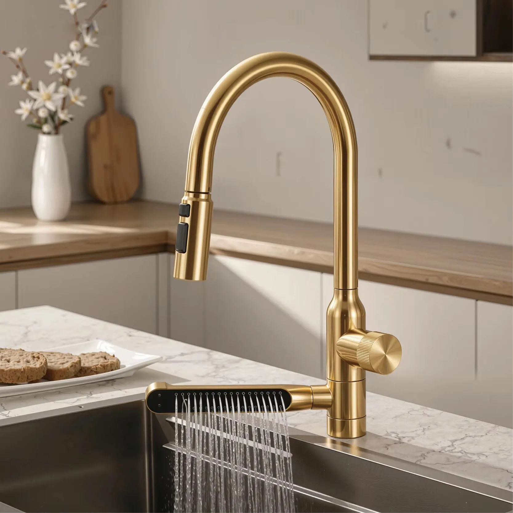 304 Stainless Steel Pull Out Faucet Brushed Gold Handle Single Hole Hot Cold Water Tap For Kitchen Sink