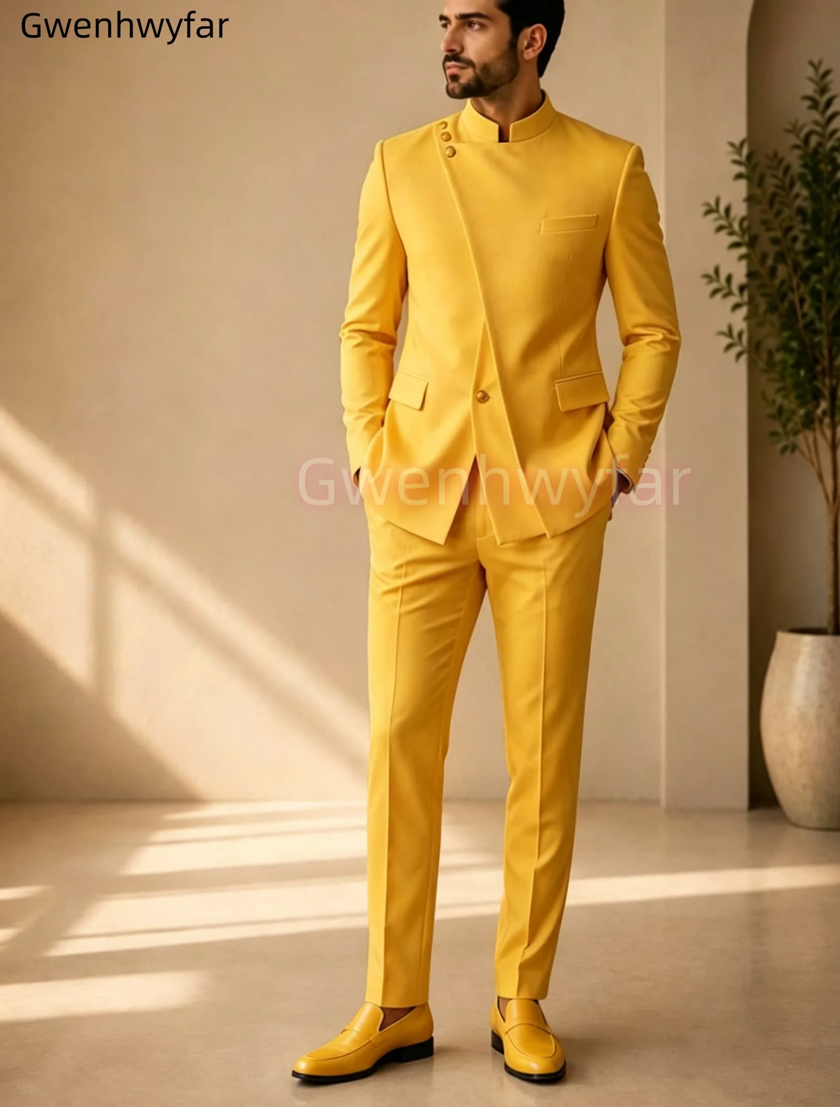 Gwenhwyar Neuankömmling Hellgraue Freizeitjacke mit Hose, formeller Business-Büroanzug für Herren, Bräutigam, Hochzeit, Party, Blazer, Hose – Detail 9