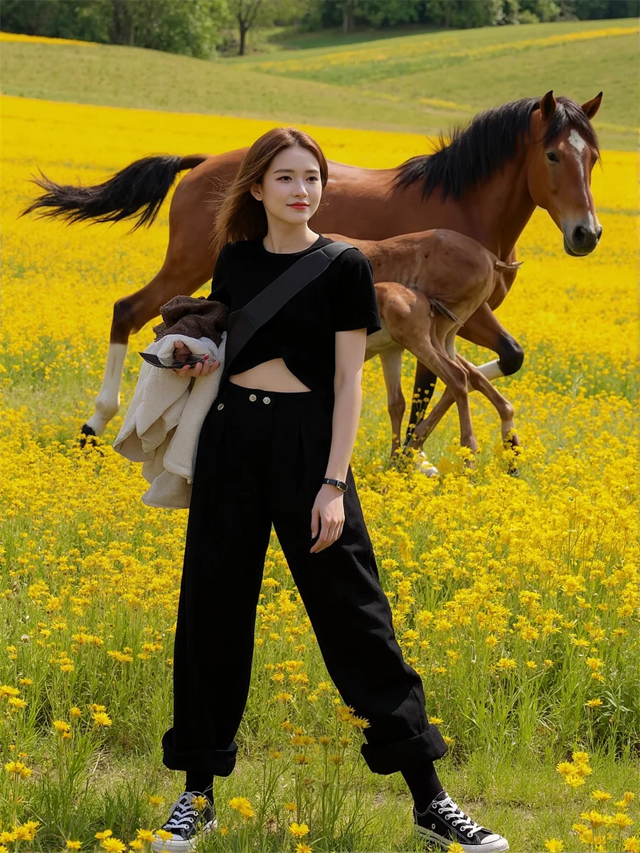 امرأة السراويل حجم كبير فضفاضة عالية الخصر خمر مستوحاة الرجعية موضة واسعة الساق عادية أنيقة مكتب سيدة ملابس العمل الكلاسيكية