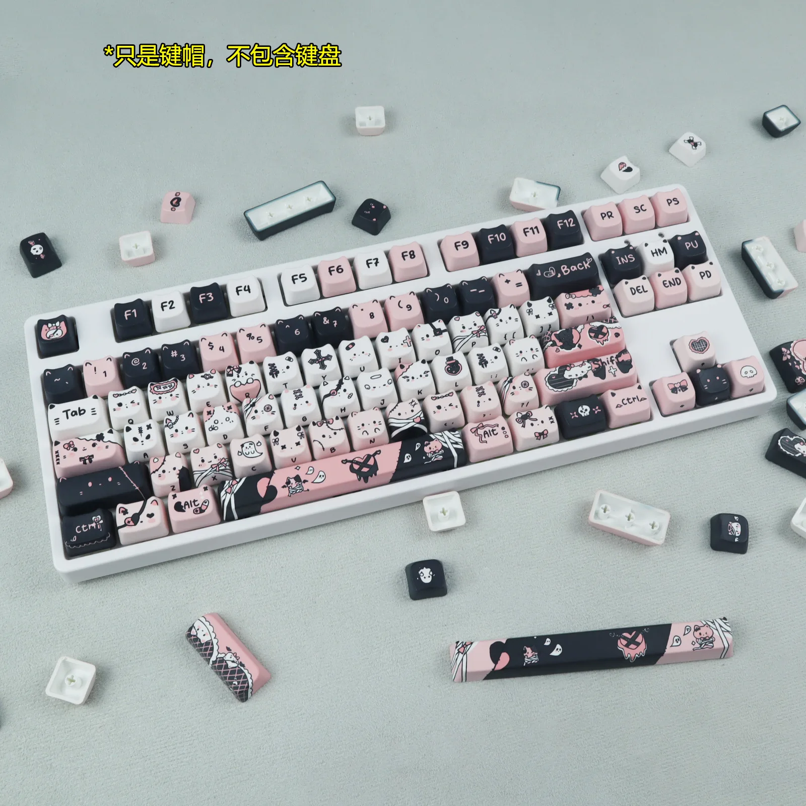 MAO height cat cat head full five-sided sublimation keycap black charm powder red panda mechanical keyboard universal keyboard c