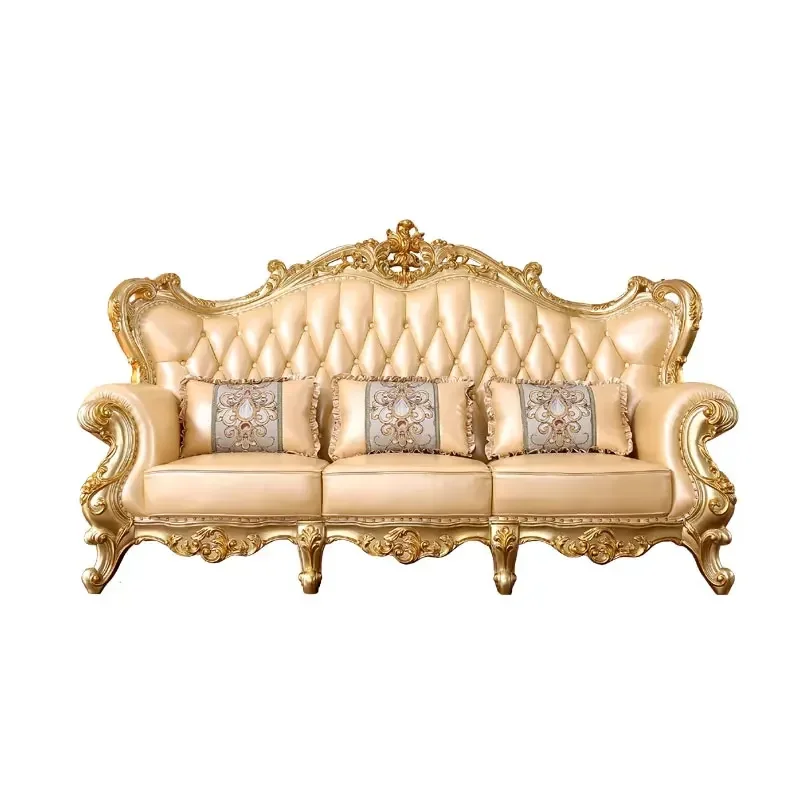 

European solid wood carving flower leather combination sofa