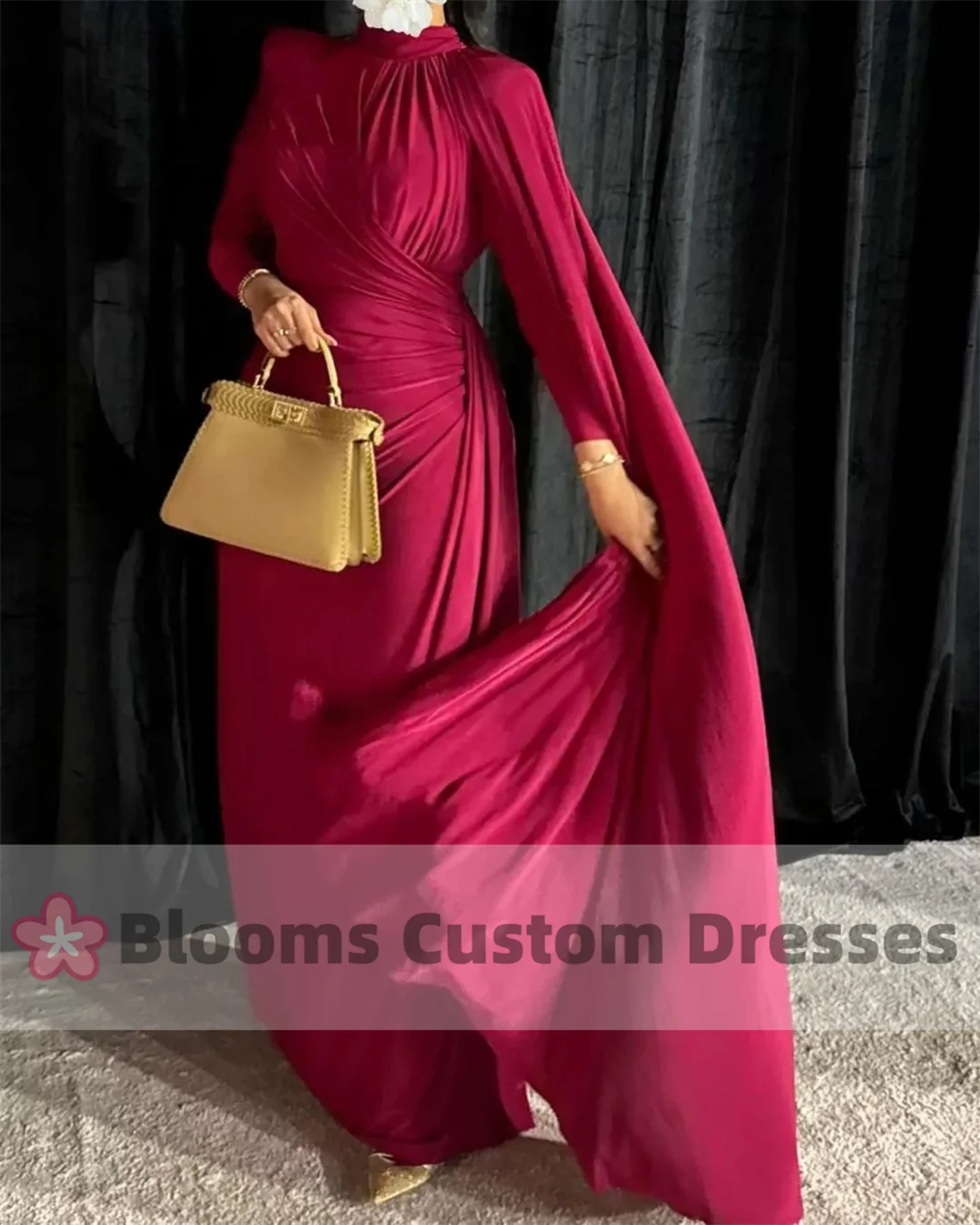 Blooms Vintage Long Sleeves Prom Dresses Pleated High Neck Floor Length vestidos de novia Back Zipper Party Dresses with Cape