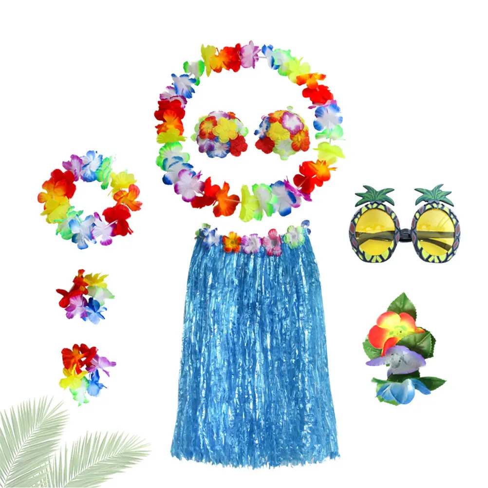 

1Set Hawaiian Hula Grass Skirt Bra Flower Accessories Necklace Tropical Theme Event Costume Blue