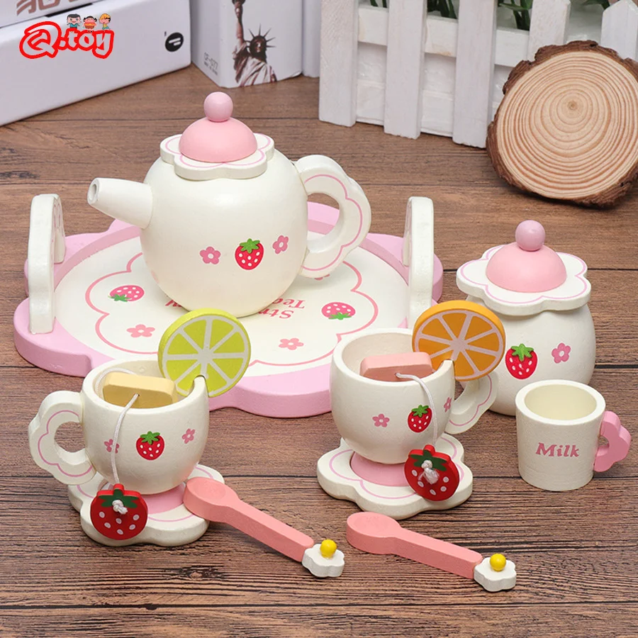 

Wooden Afternoon Tea Cake Set Children Strawberry Pretend Play Kitchen Food Toys Imitation Game for Kids Early Educational Toys