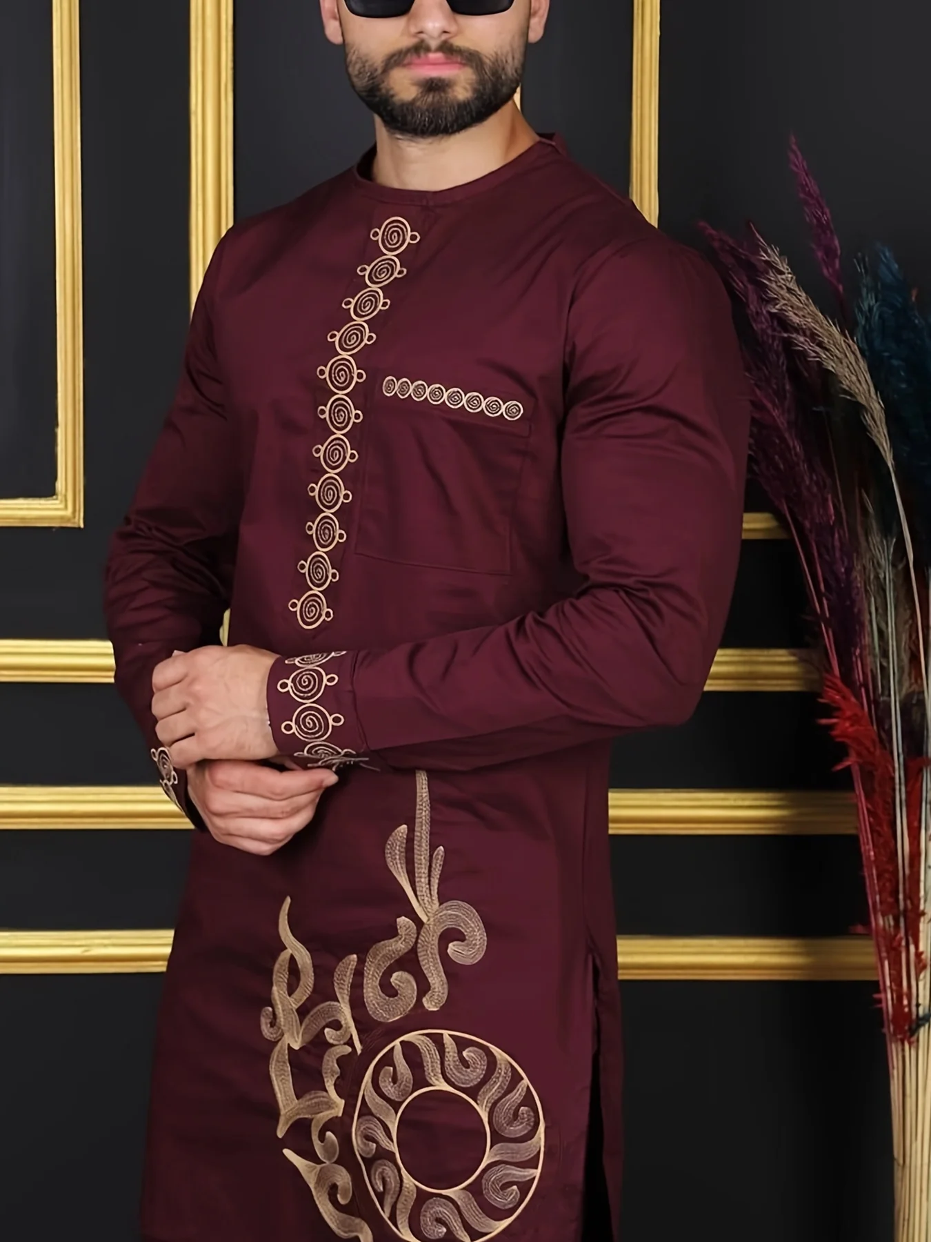 

African Kaftan Red Men'S Traditional Clothing Elegant Print Fabric Fashion Ethnic Costumes Nigerian Fashion Wear Suits 2024 New