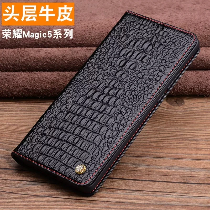 Original Genuine Cowhide Leather Flip Case for Honor Magic 5 Pro Business Crocodile Grids Pattern Phone Cover Full Coverage Book