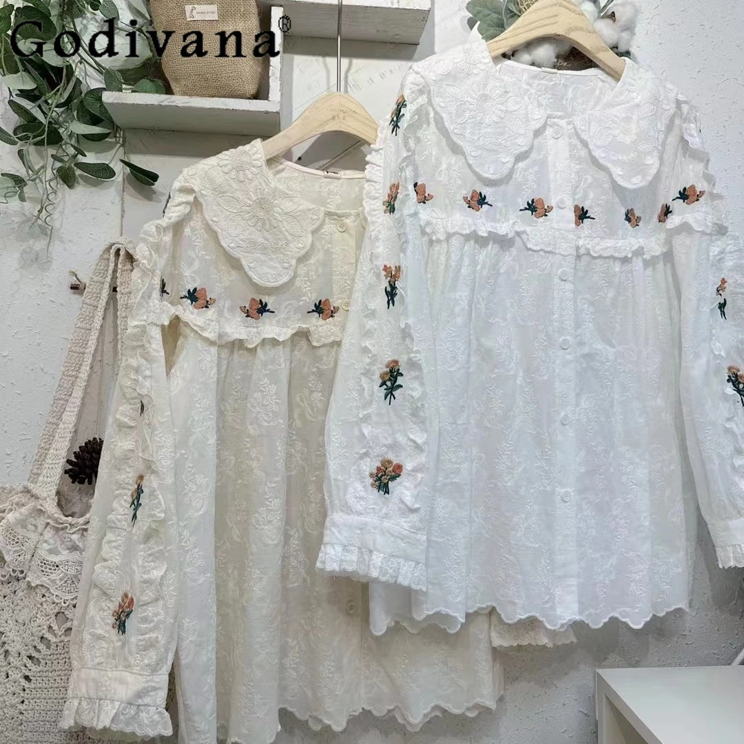 

Vintage Embroidery Lolita White Shirt Women Mori Girl Peter Pan Collar Puff Long Sleeve Blouse Japanese Casual Kawaii Top Autumn