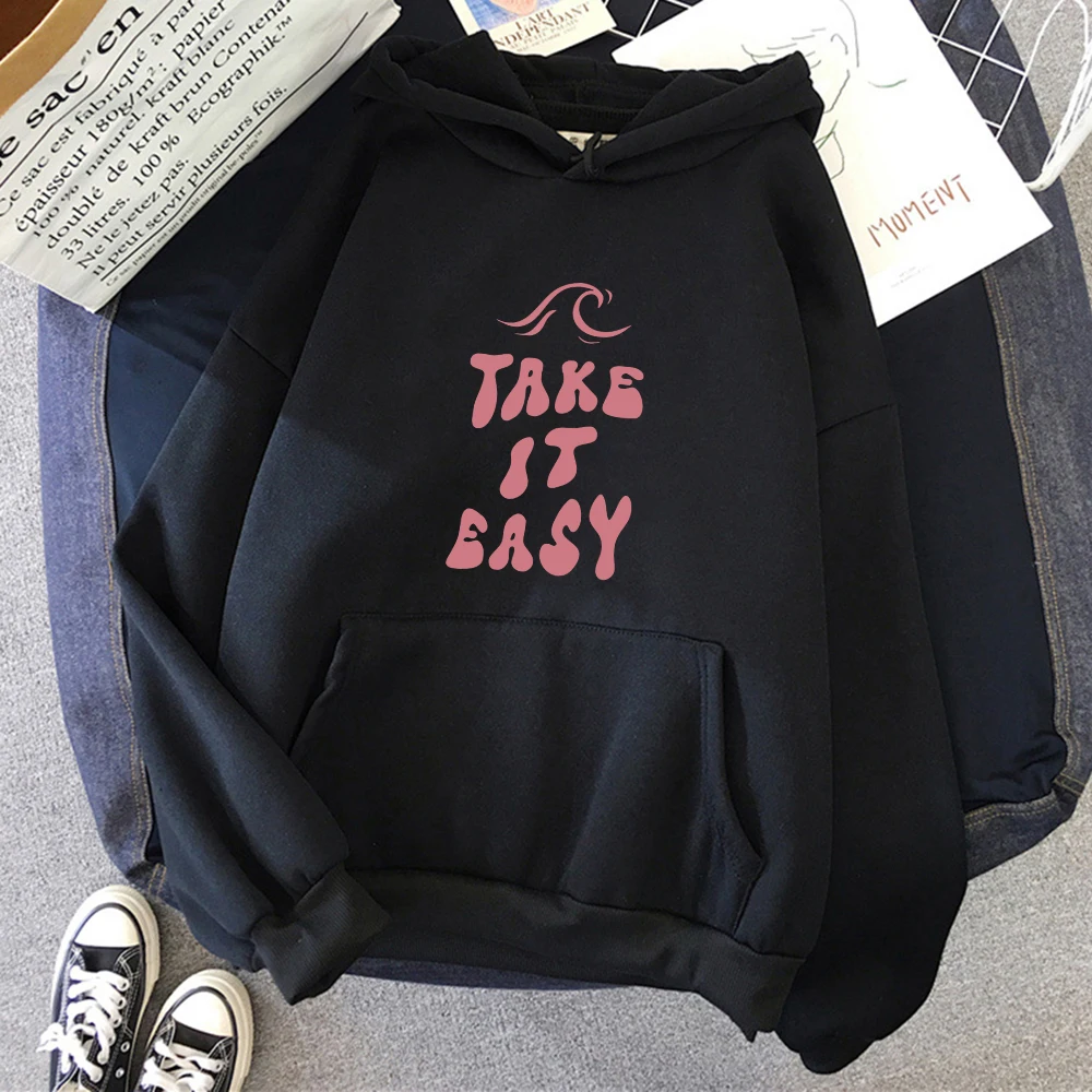 Take It Easy Creative Design Hoody For Women Pocket Street Sweatshirt Hip Hop Style Fleece Hoodie All-Match Comfortable Clothes