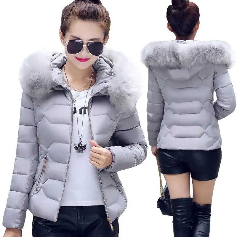 Autumn Winter Women\'s Cotton Jacket Short Section Large Fur Collar Hooded Warm Cotton Clothing Cotton Coat Ladies Cropped Coat