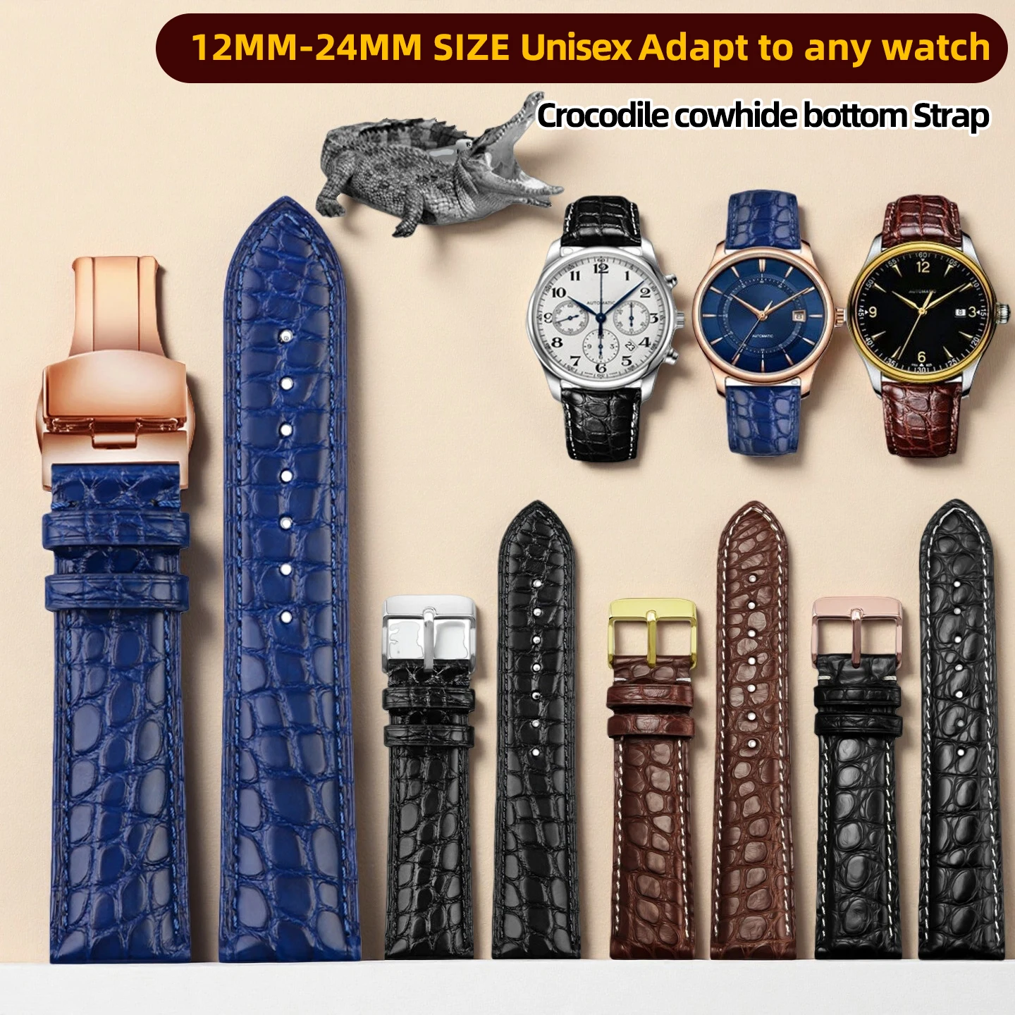 12mm-24mm Unisex Crocodile cowhide bottom Strap For Tissot Longines Omega Cartier Black Brown Blue Wristband Adapt to any watch