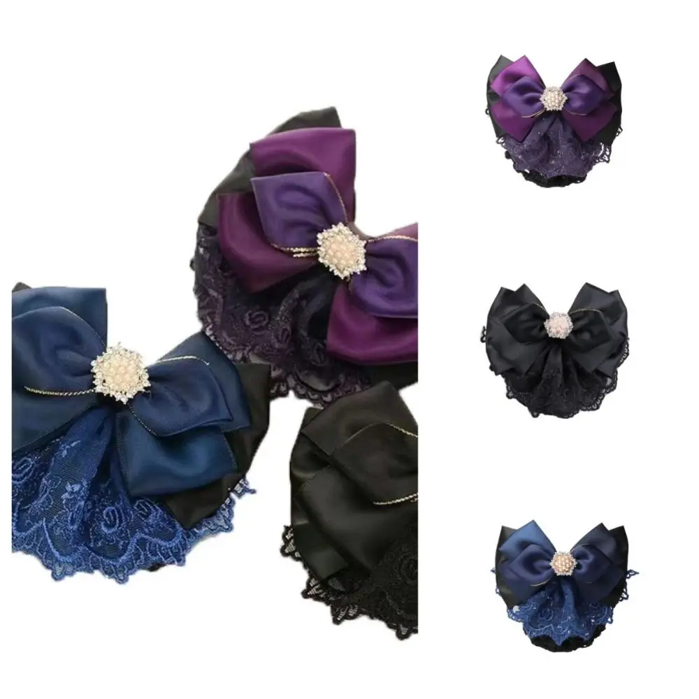 Elegant Pearl Bowknot Spring Clip Rhinestone Ribbon Hair Net Cover Hair Accessories Korean Style Bun Snood Office