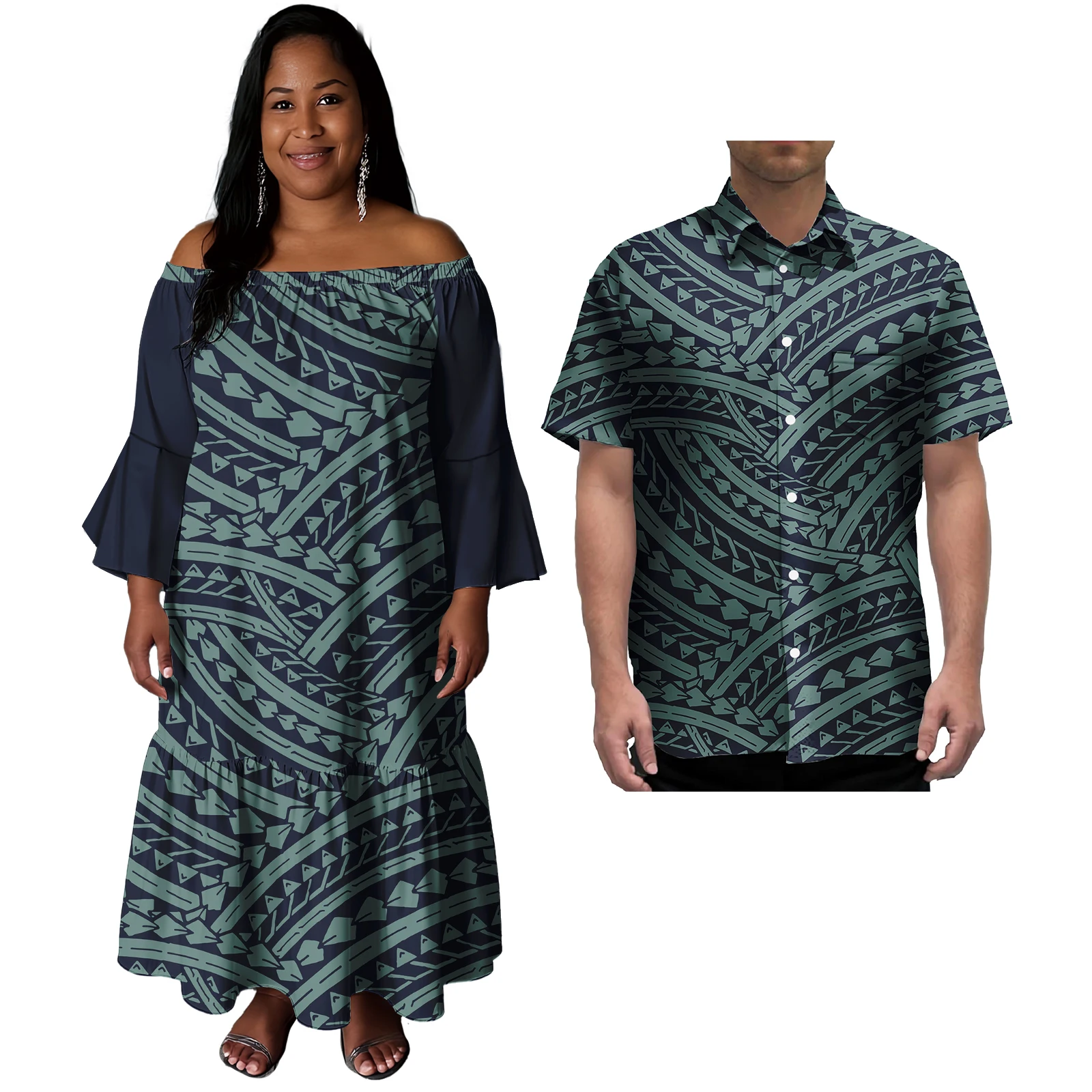 เกาะคู่เสื้อผ้า 2 ชิ้น Custom ซามัวตองกา Polynesian Tribal ผู้หญิงปิดไหล่ Mermaid Prom Dresses Match Aloha ชายเสื้อ