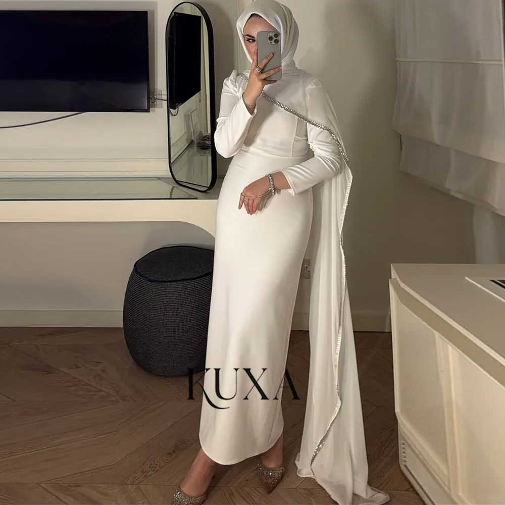 KUXA Muslim Elegant Modest Satin Sequined Wedding Dresses High Neck Mermaid Ankle-Length Shawl Bridal Gowns Customized 2026