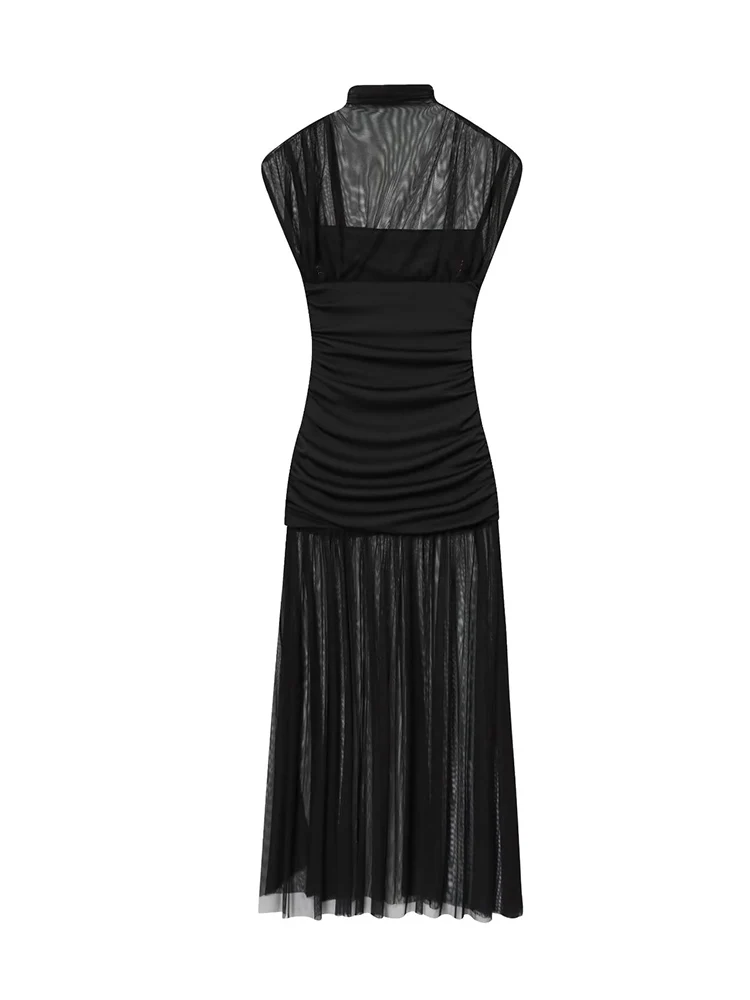 Tfmln moda sem mangas vestidos longos para mulheres temperamento meia gola alta emendado plissado férias festa vestido de noite