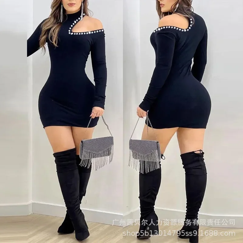 Women Rheinstone Hollow Out Neck Long Sleeve Black High Waist Mini Sexy Dress Bodycon Fashion