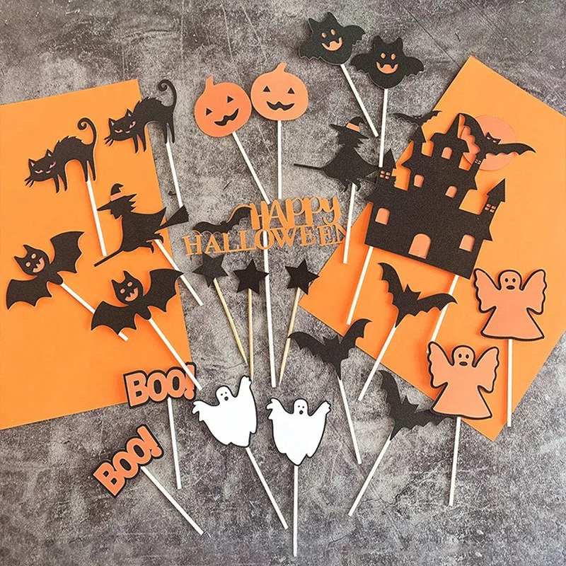 

Halloween Cake Toppers Set Pumpkin Bat Witch Ghost Castle Decorations Party Supplies Baking DIY Scary Theme Insert Cards Gift