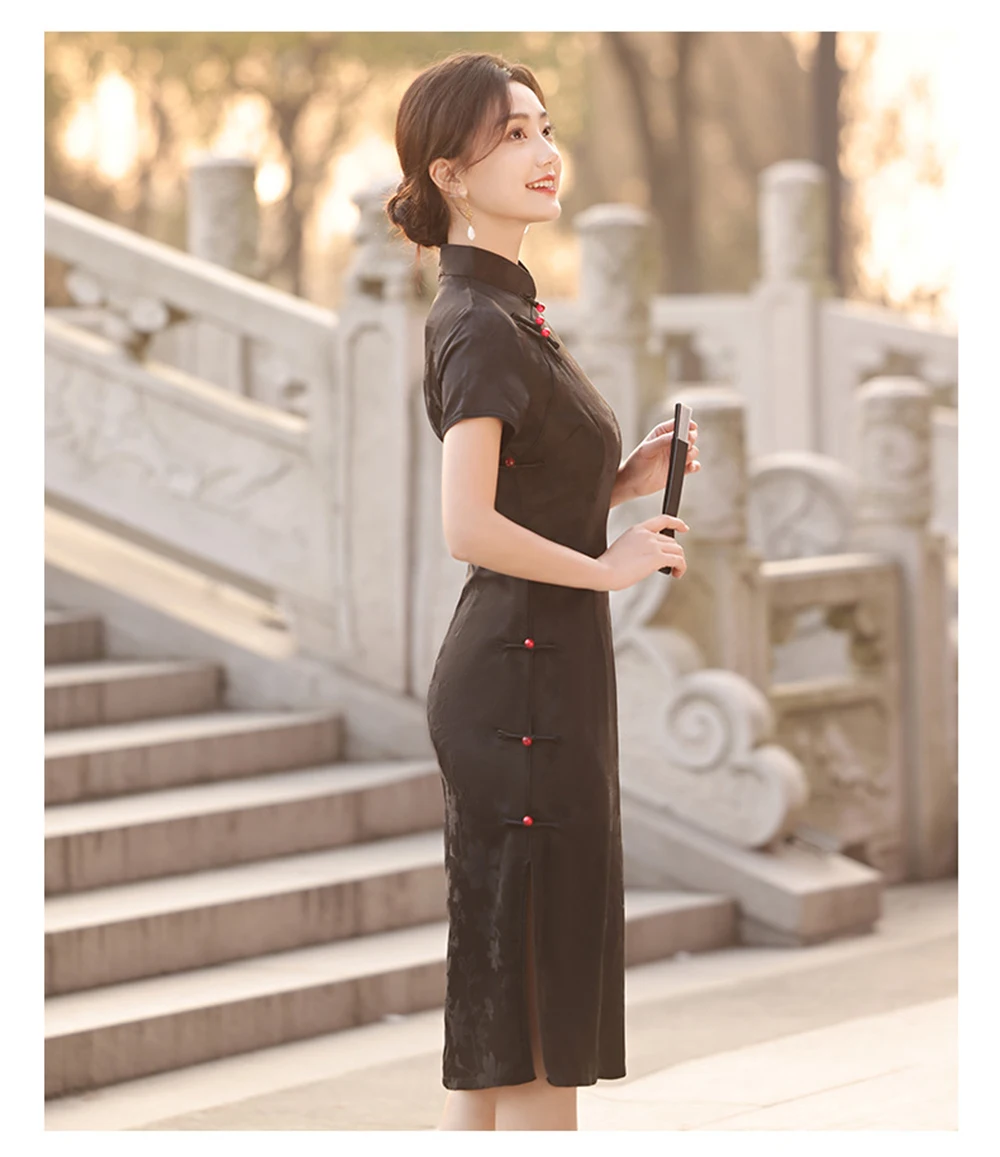 Cheongsam chino tradicional mejorado de longitud media para mujer, vestido elegante Retro de primavera, temperamento diario, mangas cortas, nuevo Qipao