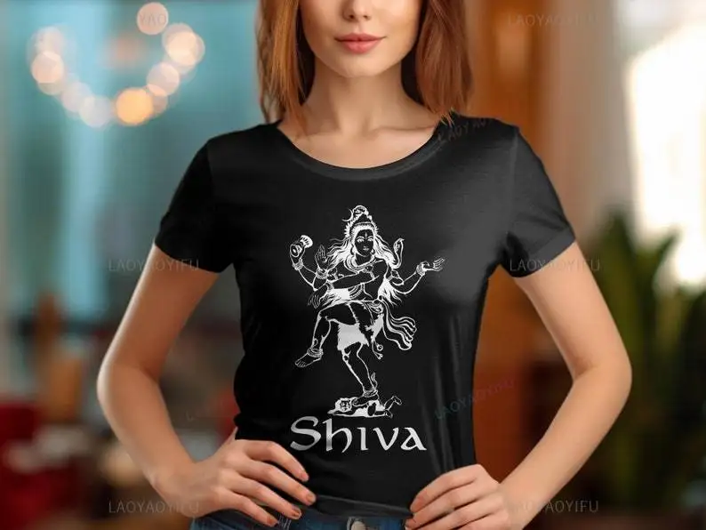 Shiva Hindu Deity Spiritual Black Cotton Graphic Tshirt Indian Mythology Lord Shiva Illustration Woman Man Shirt Yoga Wear Tops