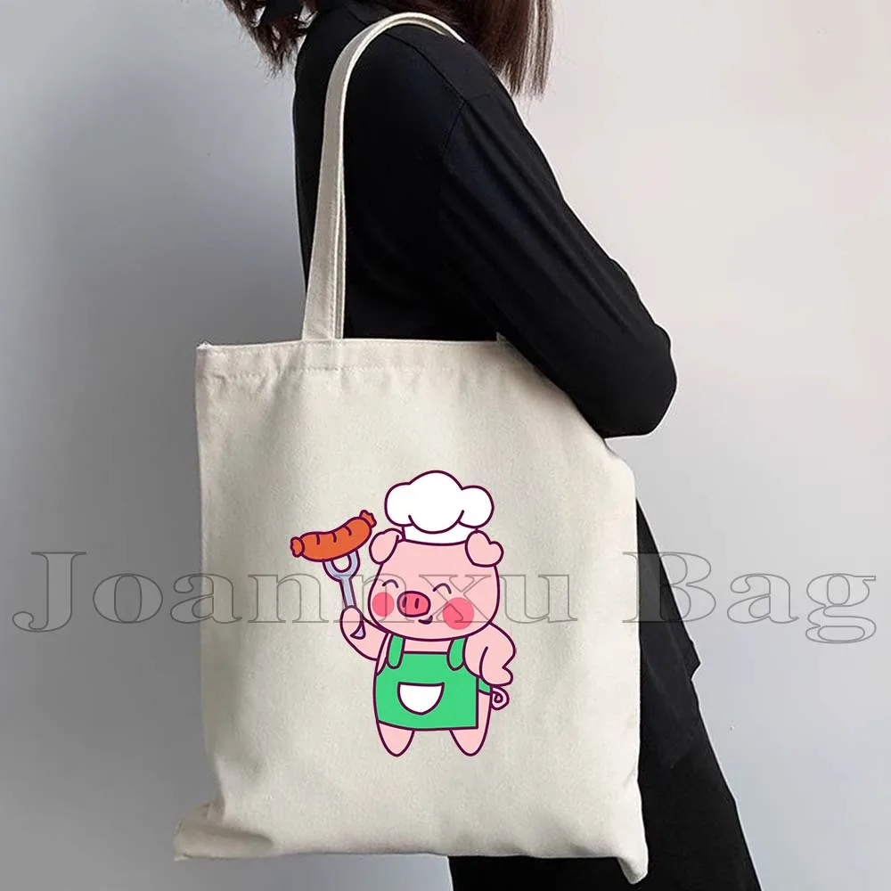 Kawaii Heart Pink Pig beruang lucu hewan yang indah kartun wanita kanvas bahu tas jinjing Harajuku pembelanja tas tangan katun dapat digunakan kembali