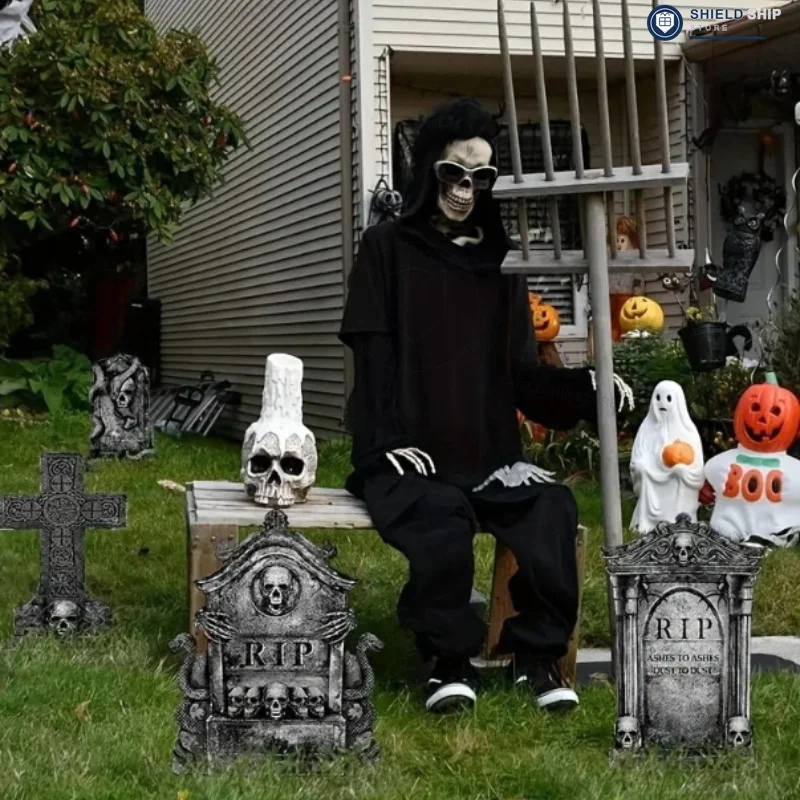 Halloween-Dekorationen für den Außenbereich, Grabsteine, Halloween-Deko, Gartenschilder mit Pfählen, realistische gruselige Skelette