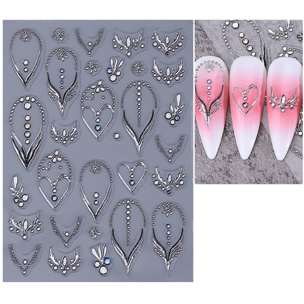 สติกเกอร์ติดเล็บลายหัวใจ 5D ประดับเพชรหรูหราสำหรับวันวาเลนไทน์ 1 ชิ้น ลายเส้นสีเงินแบบฝรั่งเศส  ตกแต่งเล็บด้วยอัญมณีใส