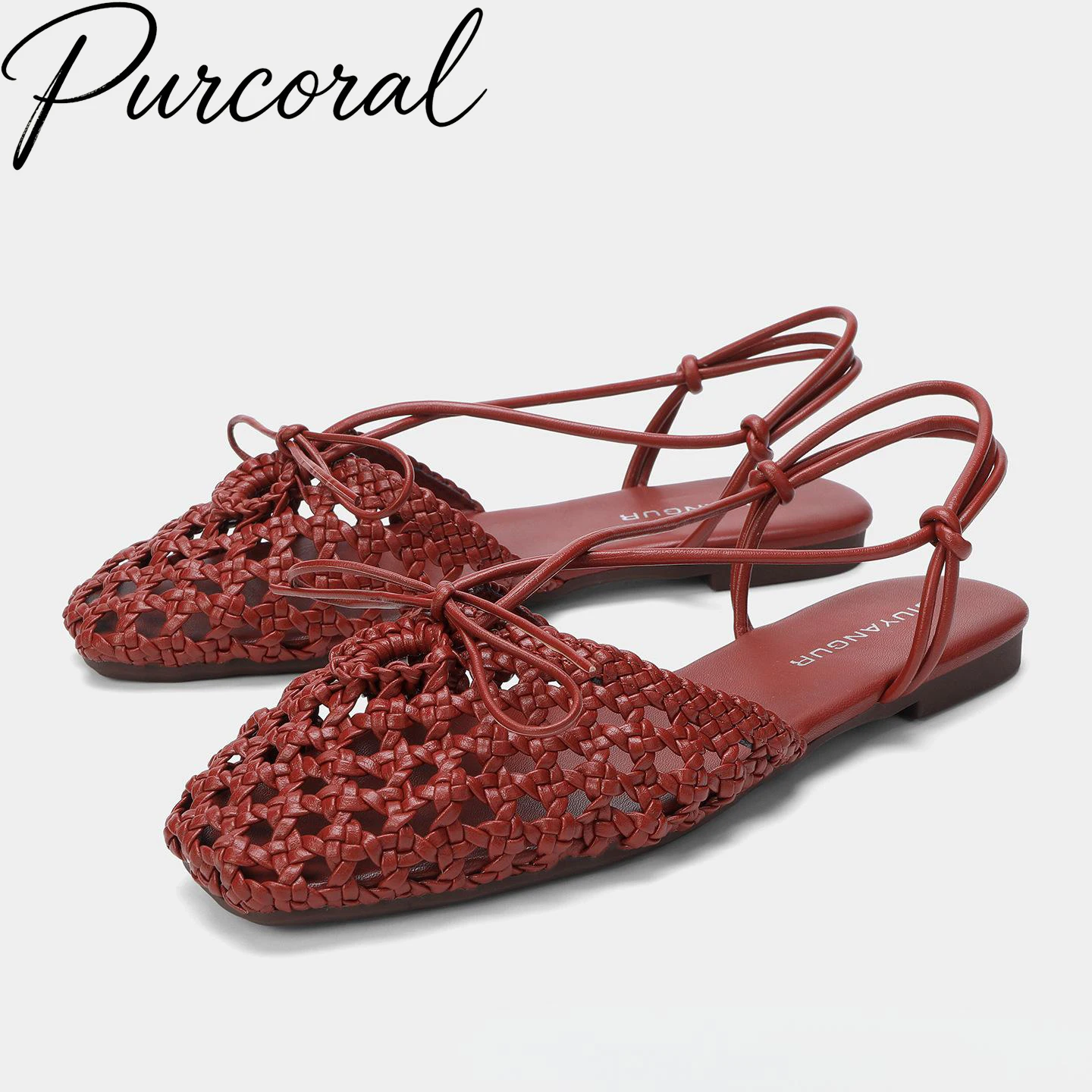 Purcoral 2026 Vintage Women Braided Woven Square Toe Flat Sandals Lace-up Ankle Strap Hollow Out Breathable Summer Sandals