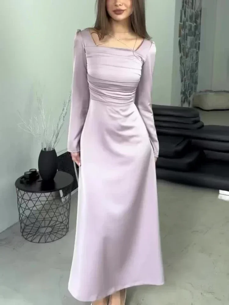 Frech Sweety Women's Dress Satin Mercerization Violet Solid Long Sleeve Folds Lace-up Square Neck Elegant Female Payty Dresses