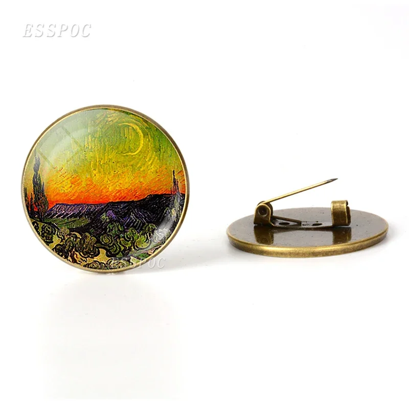 Retro Van Gogh Art Starry Night Sunflower Brooches Men Women Glass Cabochon Dome Jewelry School Bag Bronze Brooch Pins Gift