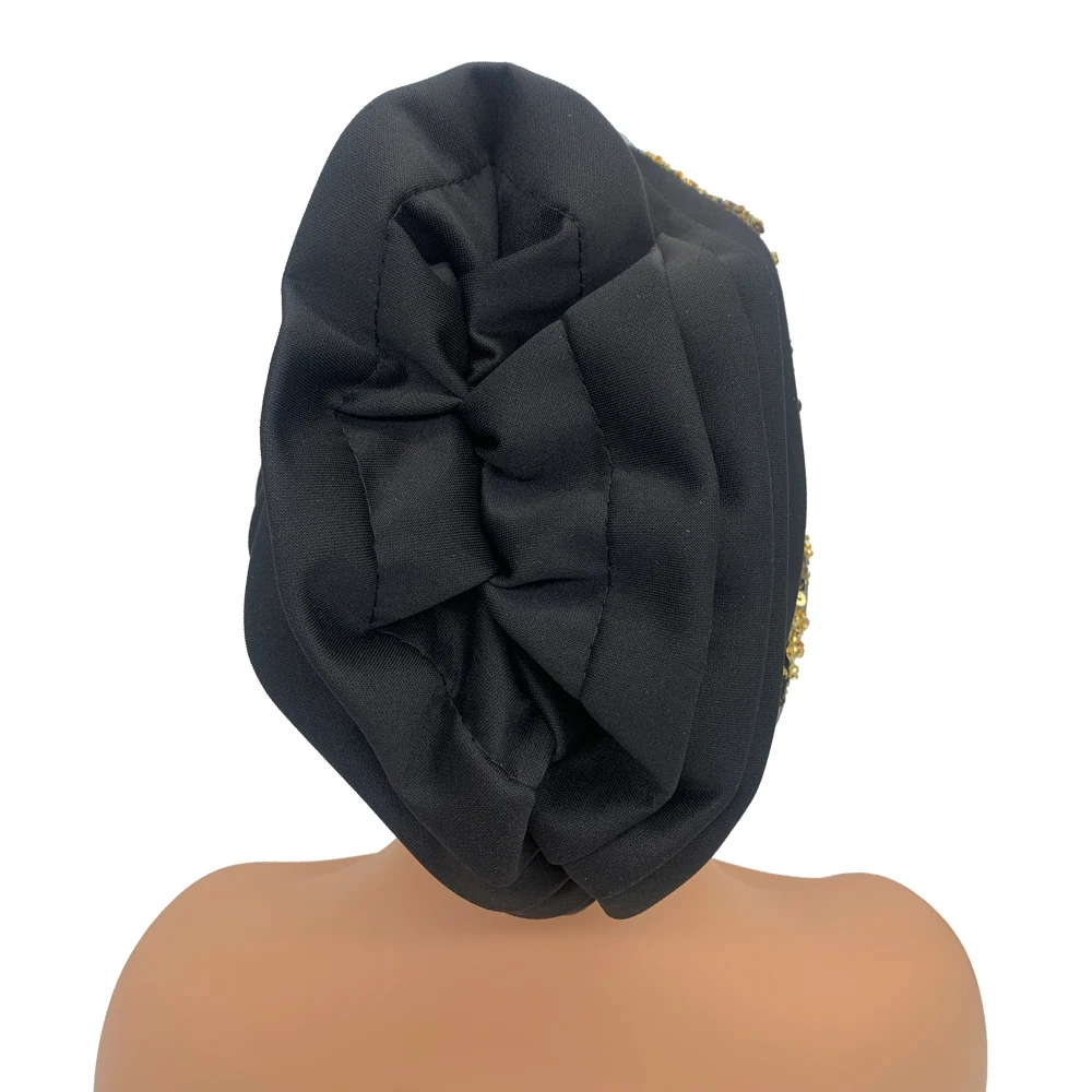 Bordado de luxo Beading boné de turbante plissado para mulheres, envoltório de cabeça feminina africana, chapéu de turbante muçulmano