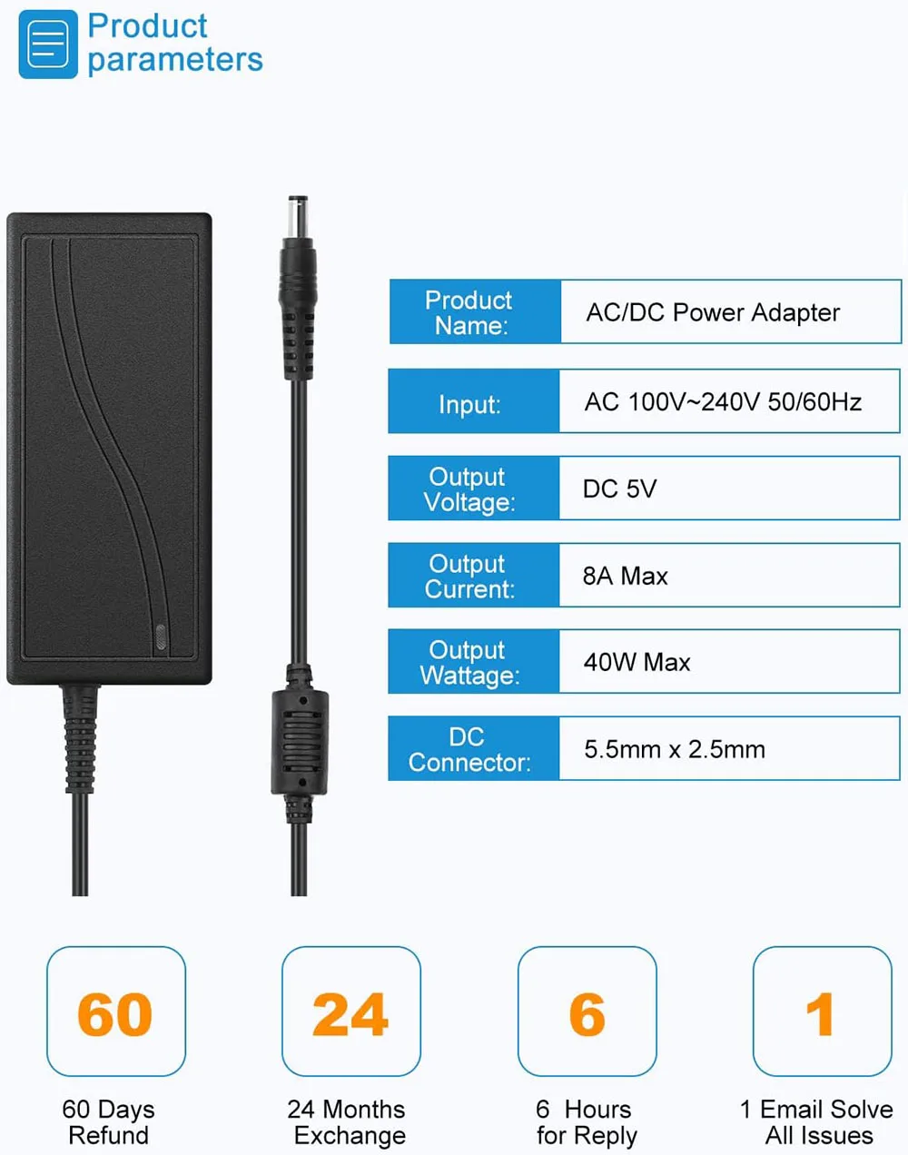 5V 8A Power Supply 40W AC Adapter 100-240V 50-60Hz AC to DC Converter Universal Transformer  for LED Pixel Strip Lights TV Boxes