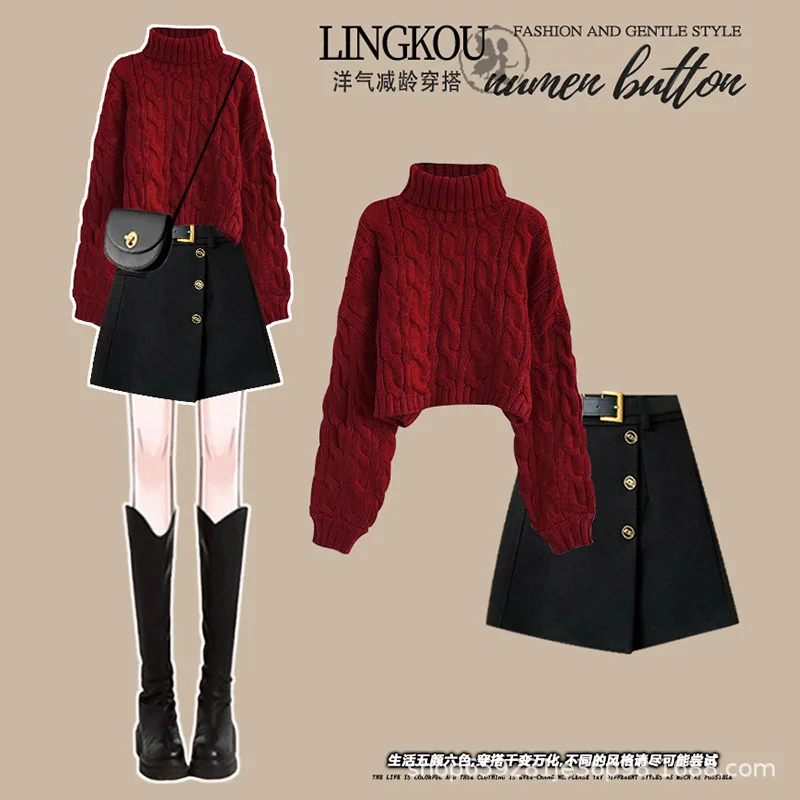 Autumn and Winter Red Slimming High-end Knitted Sweater Korean High Waisted Short Skirt Two-piece Set