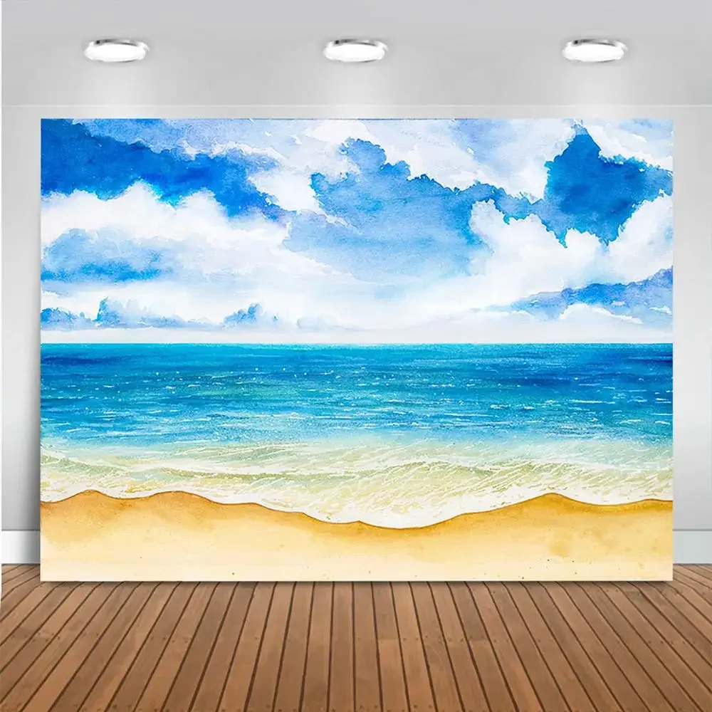Fondo de playa de mar de verano, telón de fondo de playa de arena de concha, retrato de bebés y niños, fondo de cielo azul de nube blanca, decoración de fiesta en la playa