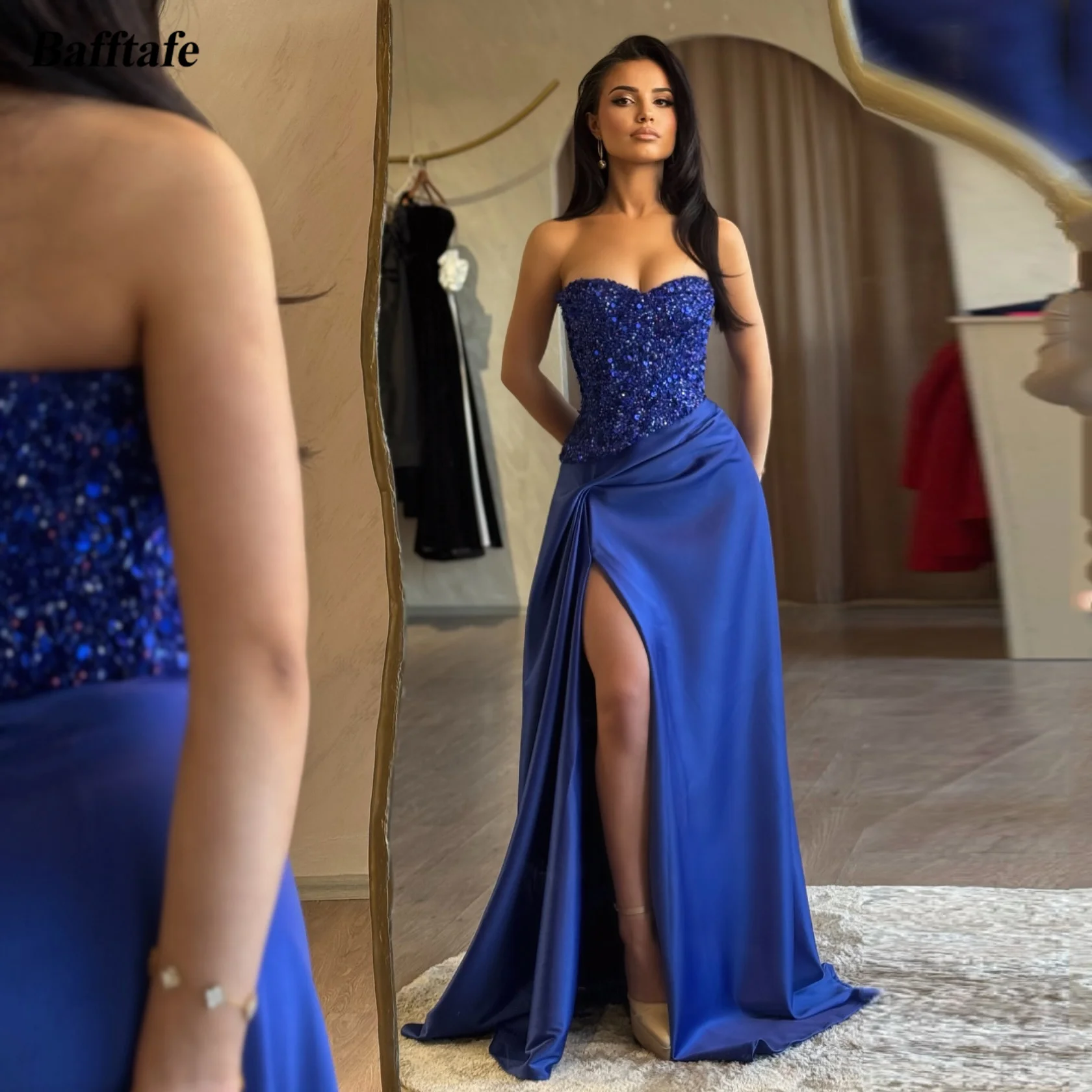Bafftafe Royal Blue Mermaid Evening Prom Dresses Satin Sequines High Leg Split Sweetheart Women Birthday Party Gowns Customized
