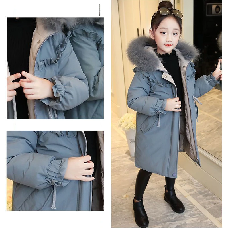 4-13 Year Teen Girls Jacket Autumn Winter Keep Warm Kids Windbreaker Jacket For Girls Fashion Hooded Long Coat Children Clothing