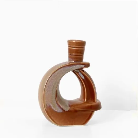 DSA antique retro oil brown smudged ceramic candlestick niche geometric handmade atmosphere home