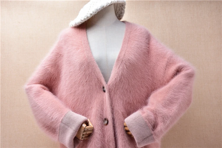 Female Women Autumn Winter Thick Warm Pink Hairy Angora Rabbit Hair Knitted V-Neck Long Sleeves Loose Cardigans Sweater Jacket