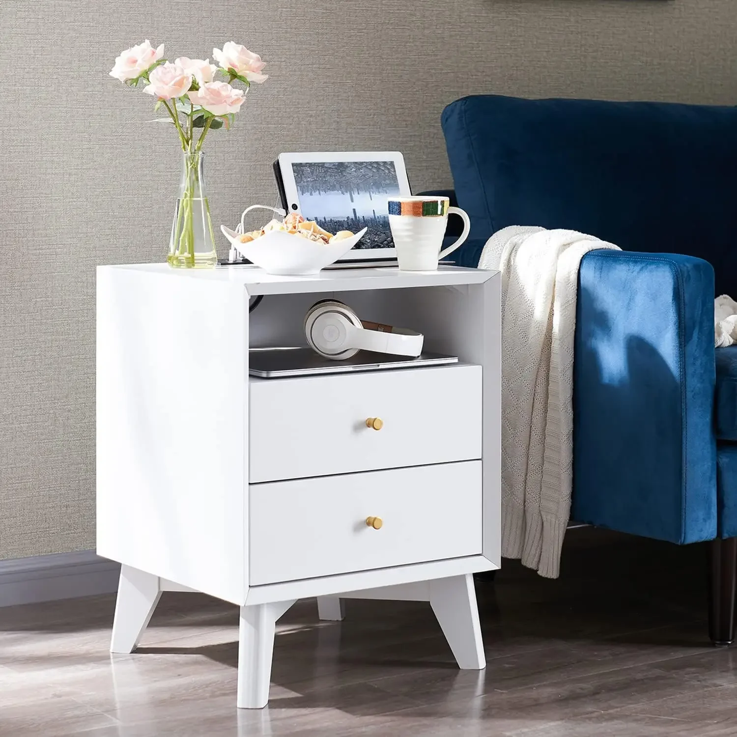 Nightstand with Charging Station, Modern End Table, Bedside Table with 2 Drawers, Mid Century Side Table Storage Cabinet