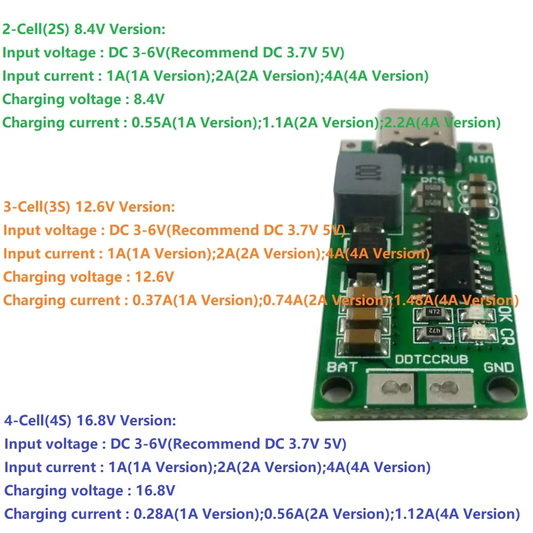 

1-4A Multi-cell Type-c Step-up Boost Li-po Polymer Li-ion Charger DC 3-6V to 8.4V 12.6V 16.8V for 7.4V 11.1V 14.8V 18650