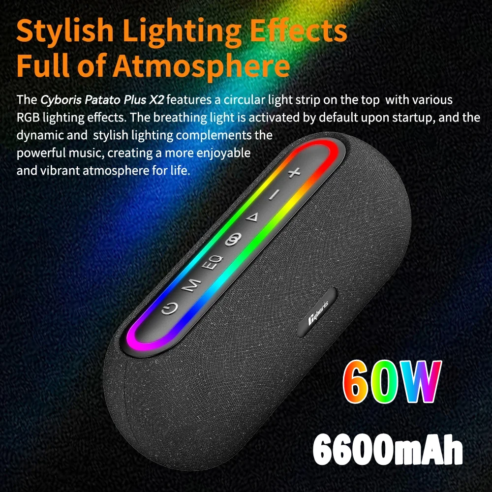 

Cyboris 60W Bluetooth 5.3 RGB Light Speakers Outdoor Sports Portable Heavy Subwoofer TWS Wireless Stereo Music Caixa De Som