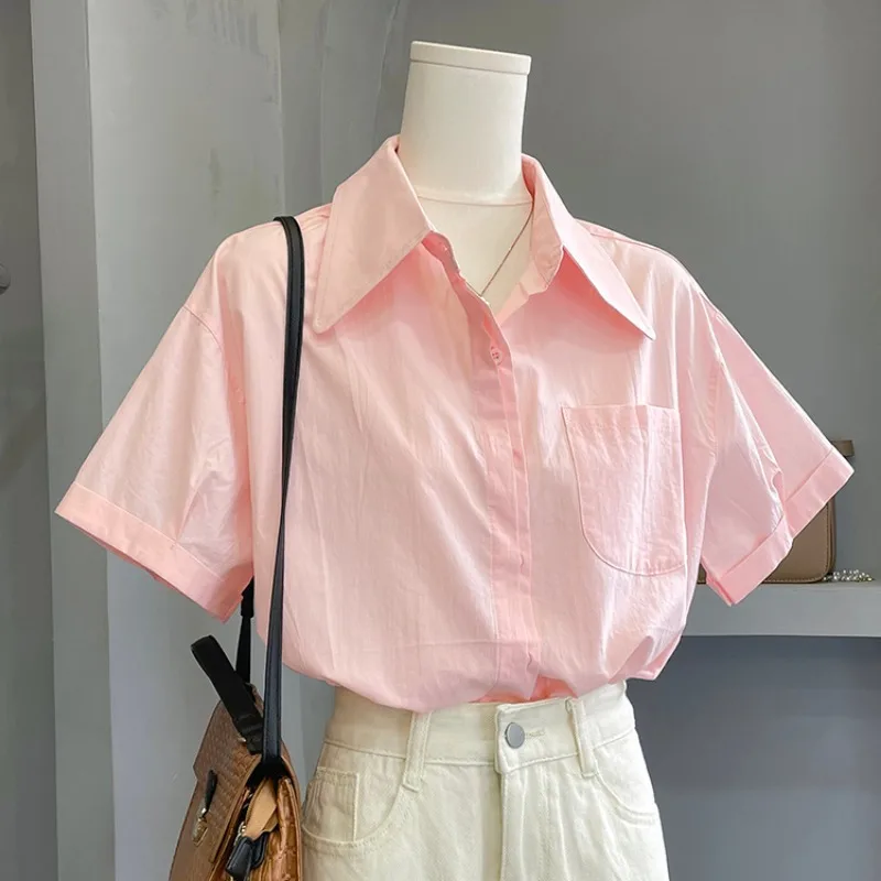 

Women's Cotton Short Sleeve Shirt Oversized Point Collar Pocket Casual Summer Blouse