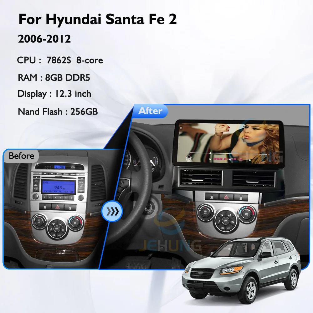 JEHUNG 12.3 inch Android12 For Hyundai Santa Fe 2 2006-2012 Smart Multimedia Video Player GPS Radio 5G CarPlay Navigation 8+256G