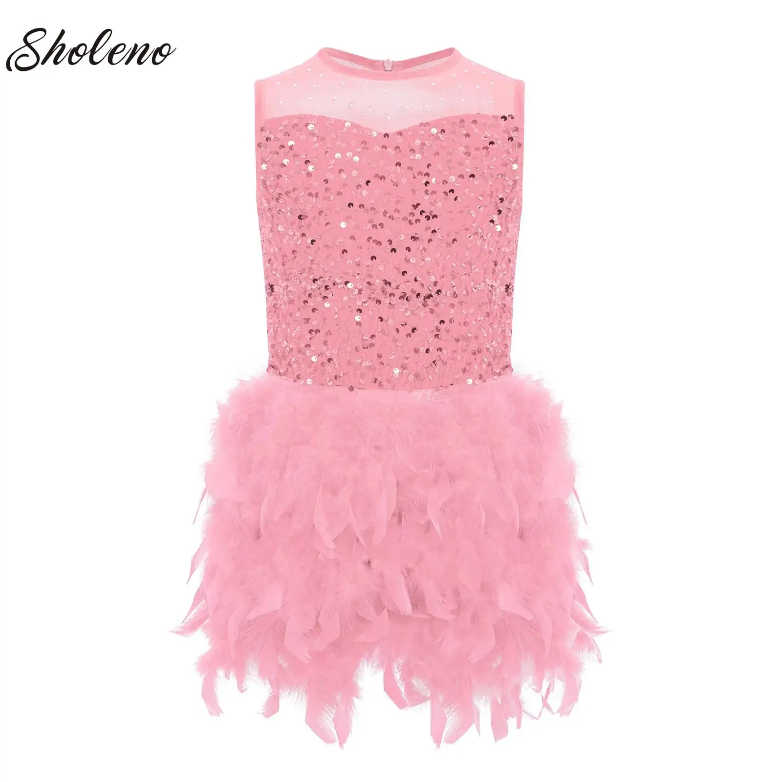

Girls Sequins Dance Performance Costume Kids Christmas Ballet Figure Skating Feather Skirted Leotard Tutu Dress Party Bodysuit