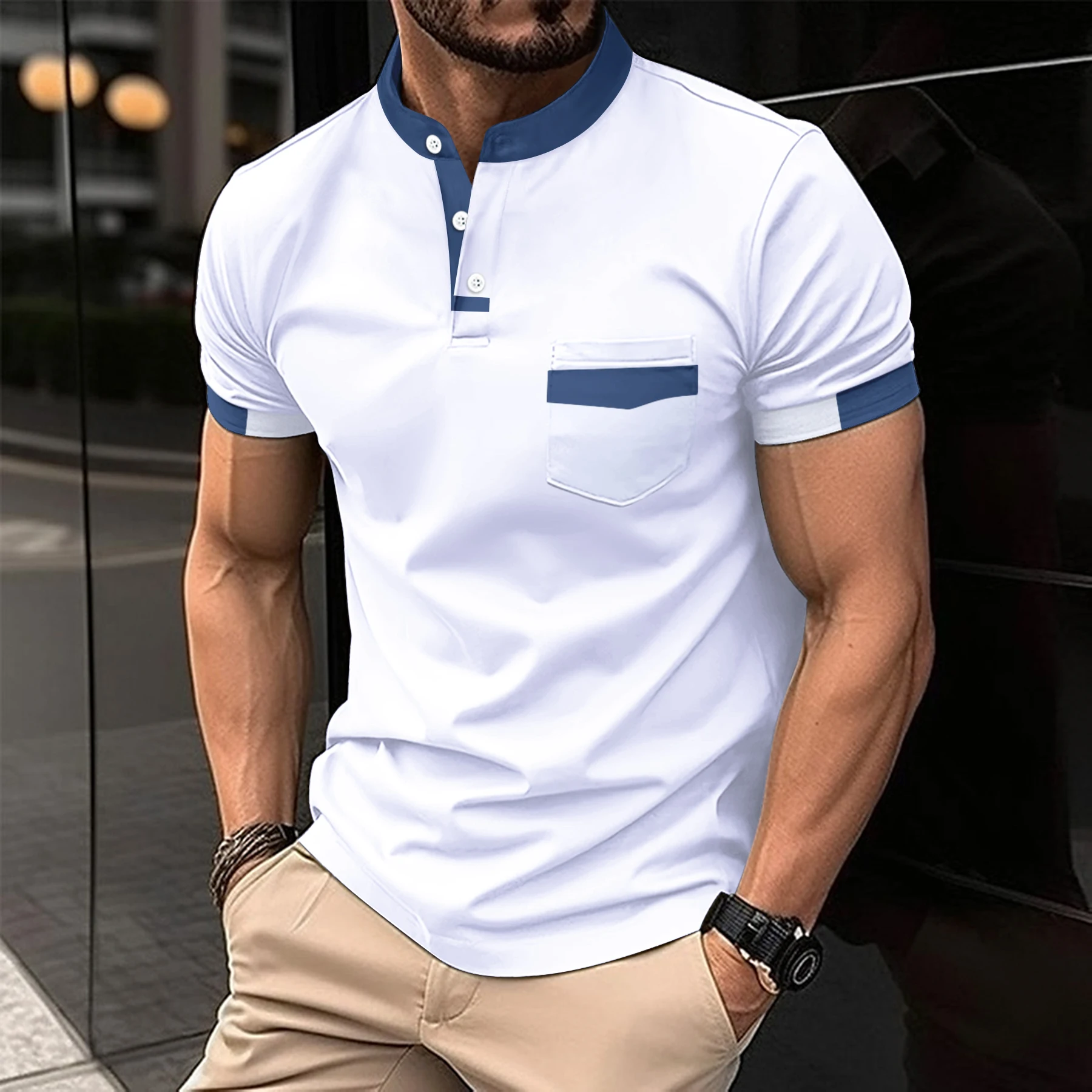 2024 summer new men\'s fashion stand collar button short sleeve Polo shirt Business casual T-shirt men\'s breathable Polo shirt