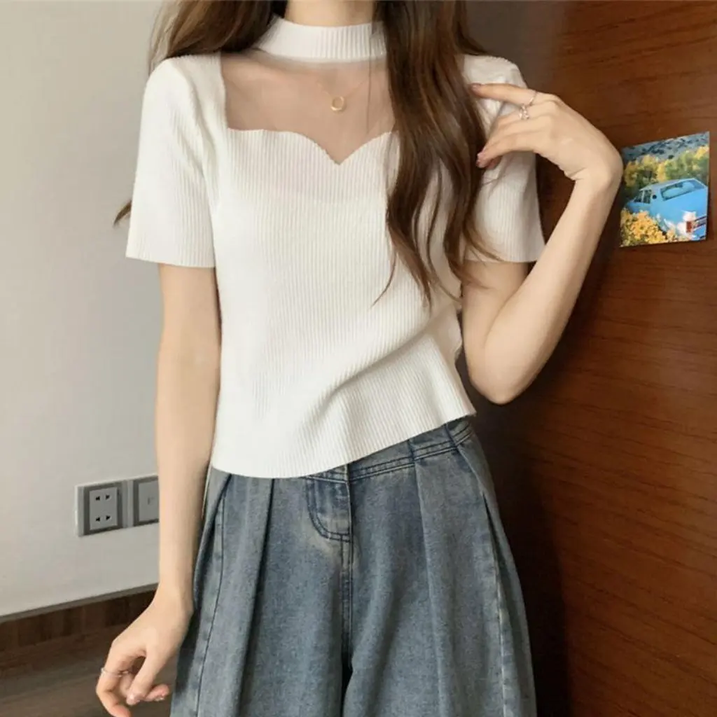 Camisa básica de seda helada de verano de talla grande, camiseta adelgazante Retro calada que cubre el vientre de manga corta para mujeres regordetas