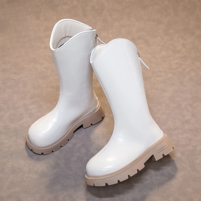 Girls Knee High Furry Leather Boots 2026 Autumn Winter New Kids Long Warmth Waterproof Fashion Mid Calf Boots