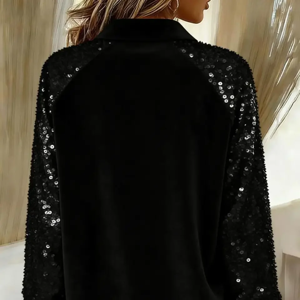 

Women's Elegant Blouses Shiny Sequin Patchwork Long Sleeve Blouse Sparkling V-Neck Pullover Tops Vintage Evening Party Blusas