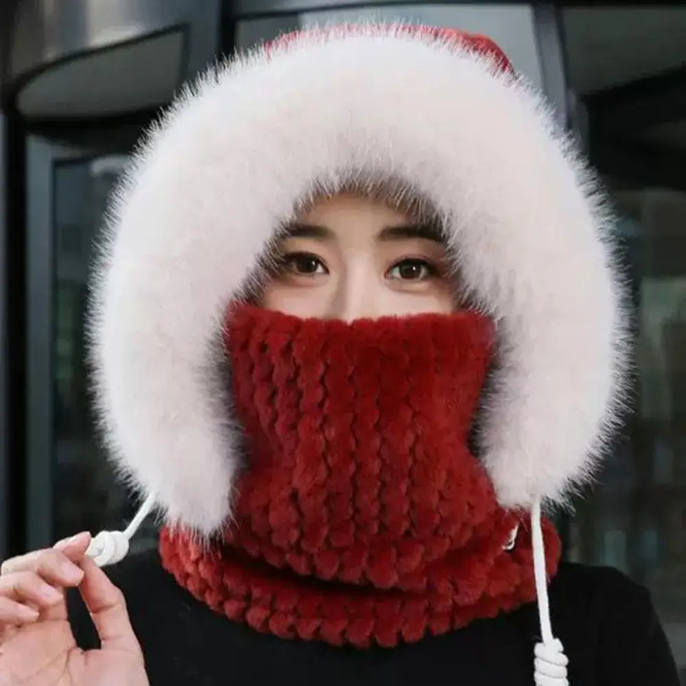 المرأة رئيس هود الشتاء قبعة بالاكلافا قبعة الفراء قناع مجموعة أفخم هوديس للفتيات الرقبة أدفأ هود سدادات حماية الأذن قطعة واحدة قبعة
